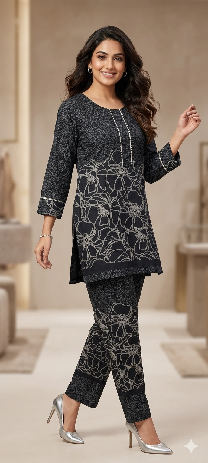 Women Stylish Neck Floral Print Western Co Order Sets, Wear as Office Coat, Travel Coord, Cot