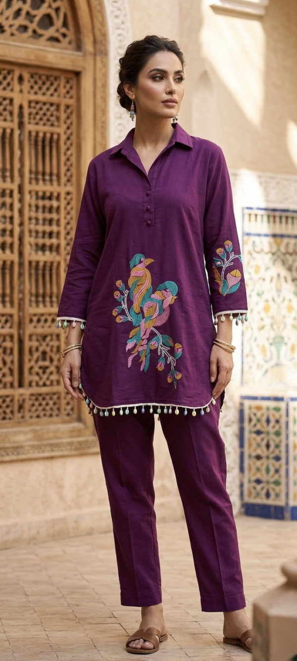 IMG_20260322_171354 Beautiful Embroidery Peacock design Women Cotton Stylish Rayon-Cord Set