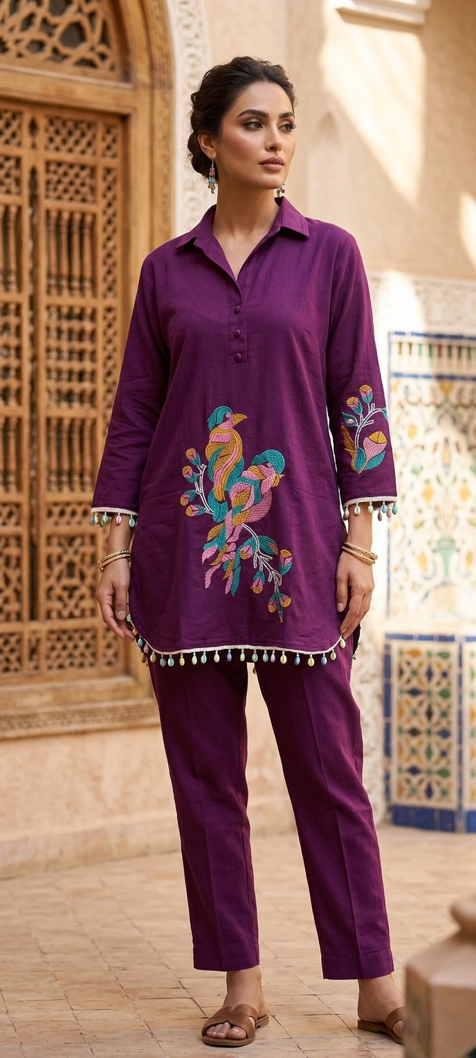 Beautiful Embroidery Peacock design Women Cotton Stylish Rayon-Cord Set