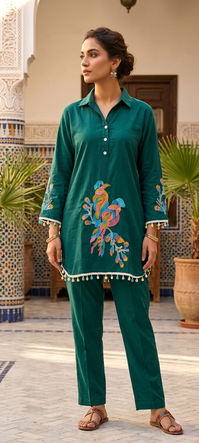 Beautiful Embroidery Peacock design Women Cotton Stylish Rayon-Cord Set