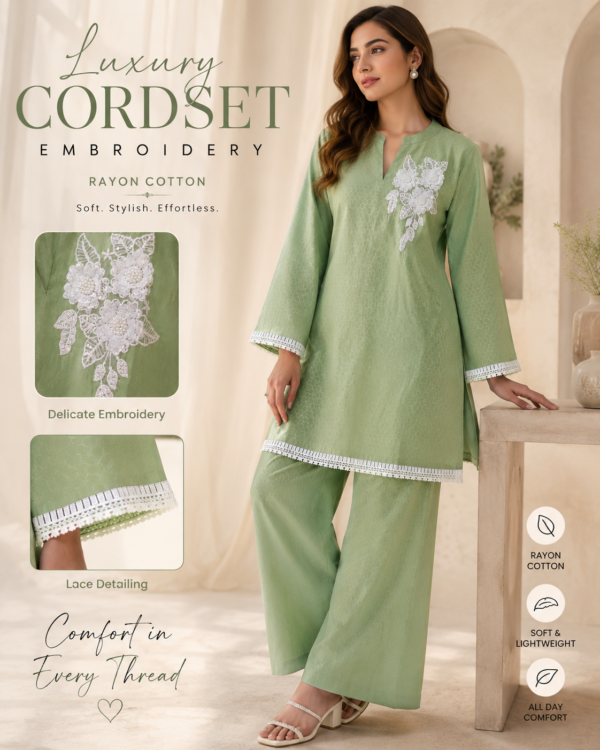 Premium quality rayon fabric cordset embroidery work designer
